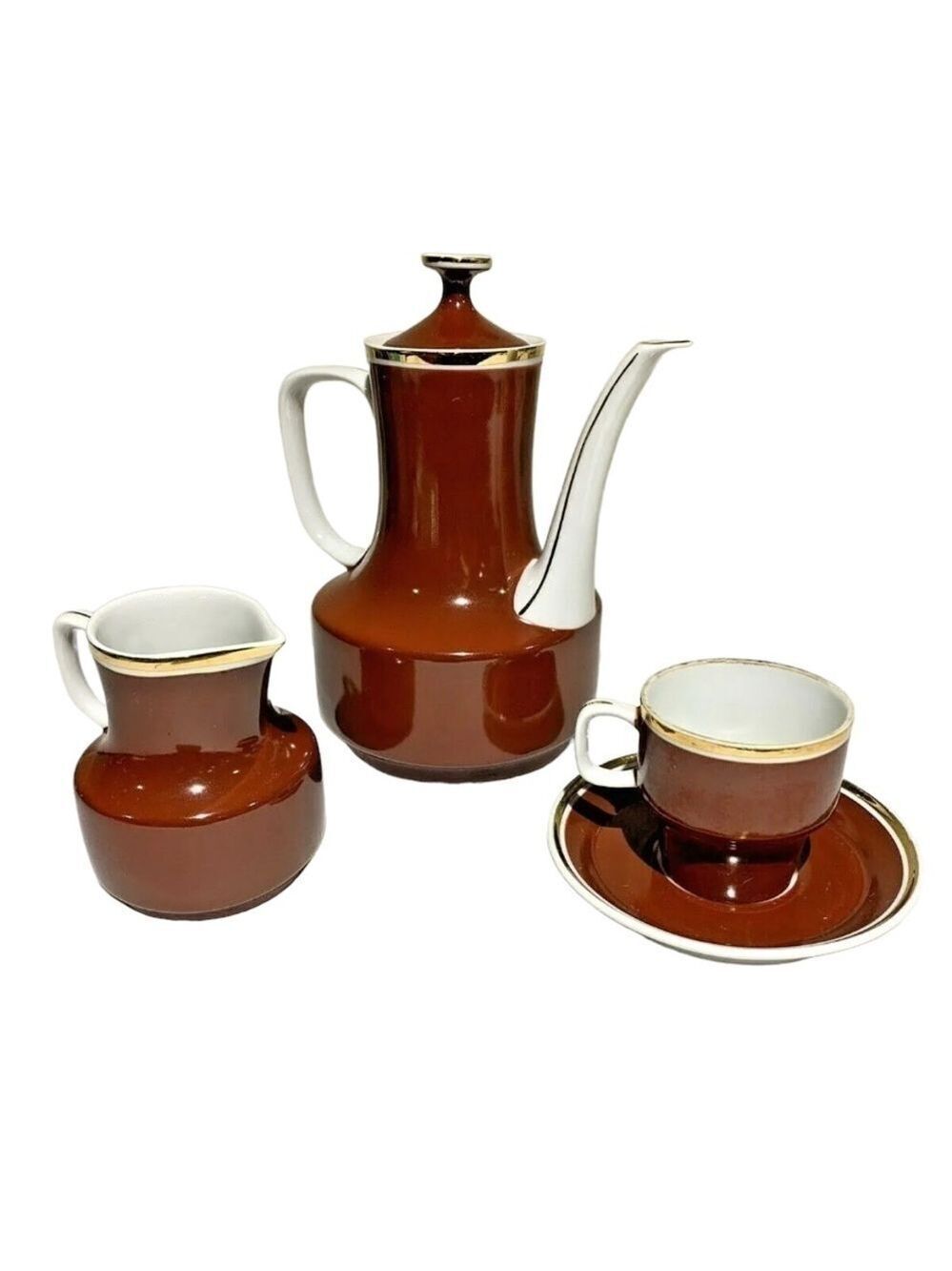 VINTAGE Hollohaza Hungarian Porcelain Red Brown Gold Trim Coffee Service Set 3